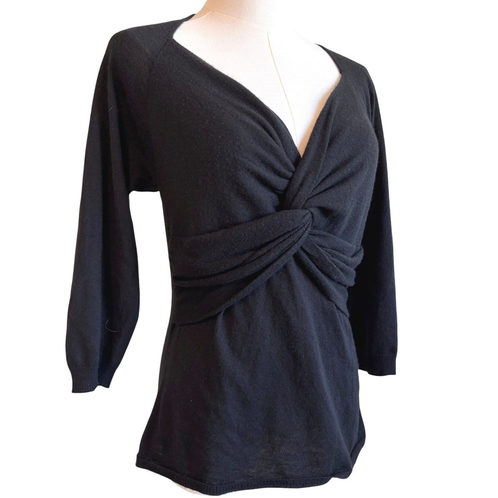 Max Mara Cashmere Blend Twist Front Sweater Black Womens Large 3/4 Sleeve V-Neck